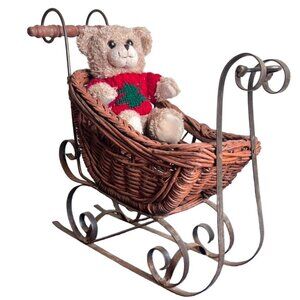 Vintage Wicker Metal Wood Sleigh With Runners Decor & Teddy Bear Plush